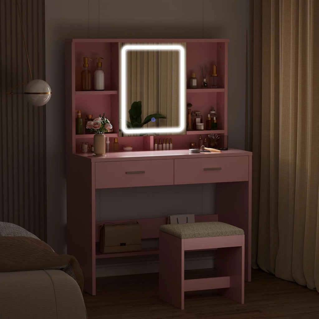 Toeletta da Trucco con Luci LED,Tavolo da Trucco con Sgabello, Postazione Trucco con Specchio,Scomparti Aperti, Ripiani Regolabili,Moderno,per Camera da Letto,Rosa
