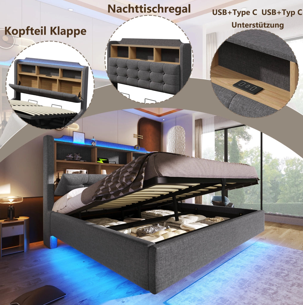 Letto imbottito 140x200 cm con LED; contenitore idraulico; USB e Type-C; lino e MDF; grigio