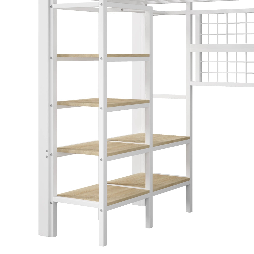 Letto a soppalco singolo 90×200 cm con LED; ripiano e rete appendiabiti; senza materasso; metallo; bianco