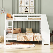 Letto a castello 90x200 e 140x200 cm con scrivania; libreria e 3 cassetti; pino e MDF bianco