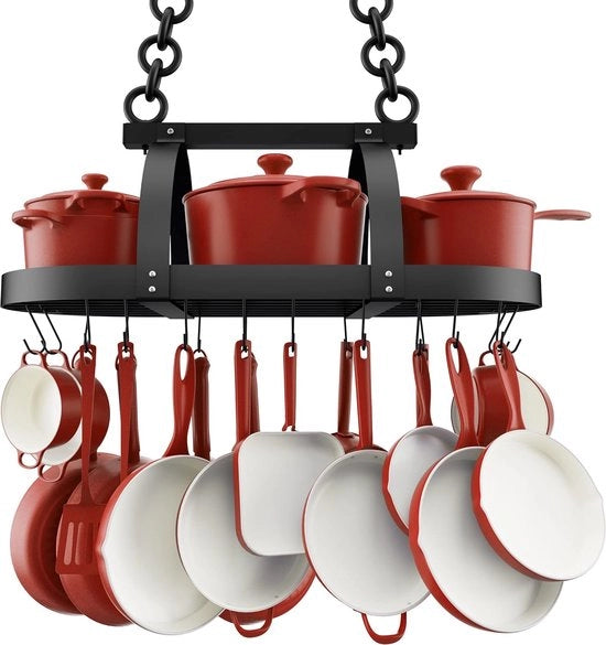 Supporto per Panni da Cucina a Soffitto con 20 Ganci, Modello KUR221S85-BK, 85CM, Mat, Nero