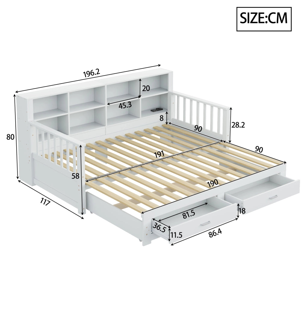 Divano letto 90x190 cm estraibile con contenitore; presa e 2 cassetti legno bianco