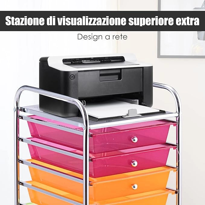 Carrello con 10 Cassetti da Stoccaggio, Cassettiera di Metallo e Plastica, Contenitore Multiuso con Ruote a Freno, per Casa e Ufficio (Multicolore)