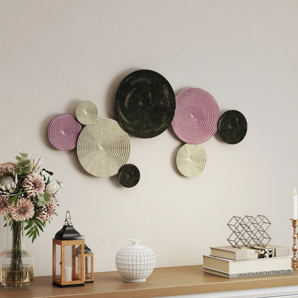 Wall Art a 8 Dischi 3D in Metallo. 110x7x58 cm. color Bronzo. Arancione e Giallo