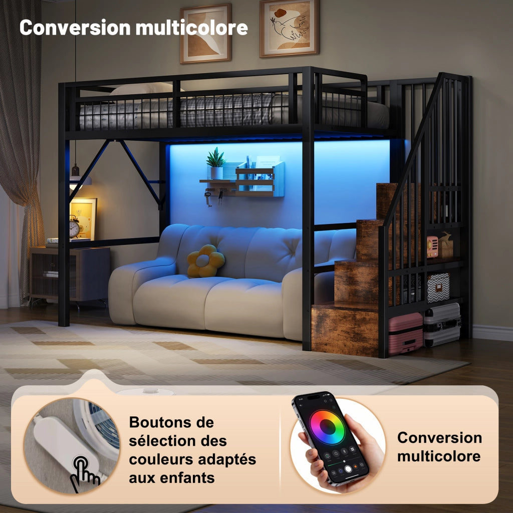 OKWISH Letto a Soppalco 90×200 cm, Letto Singolo con LED Regolabile, Scala con Contenitori e Spazio Libero, senza Materasso, in Metallo, Nero