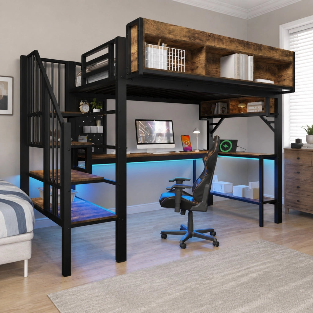 Letto a soppalco 90x200 cm con scrivania, LED e prese USB-C