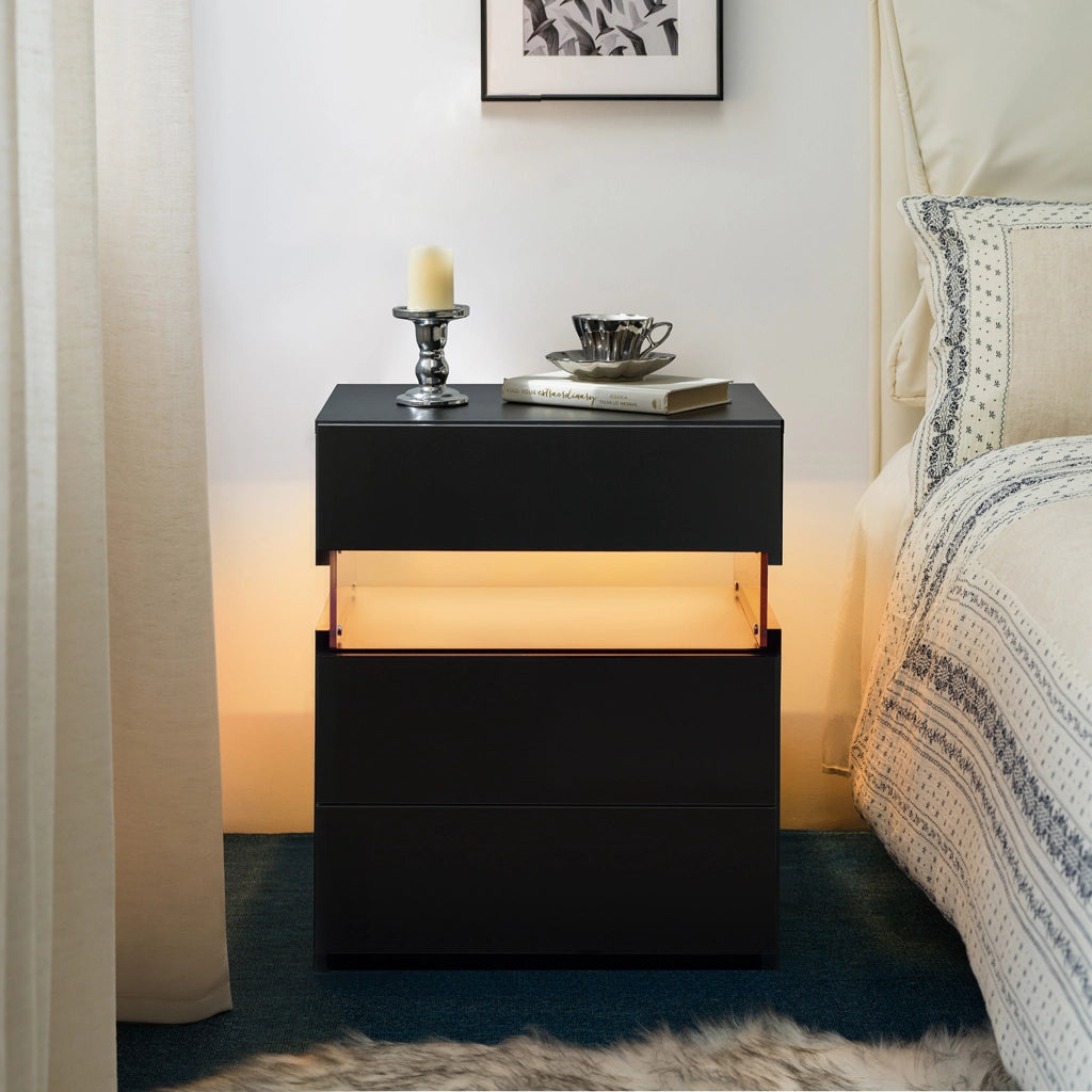 Comodino con LED e 3 cassetti, in legno ingegnerizzato, per camera da letto e soggiorno, nero, 60 × 46 × 22 cm
