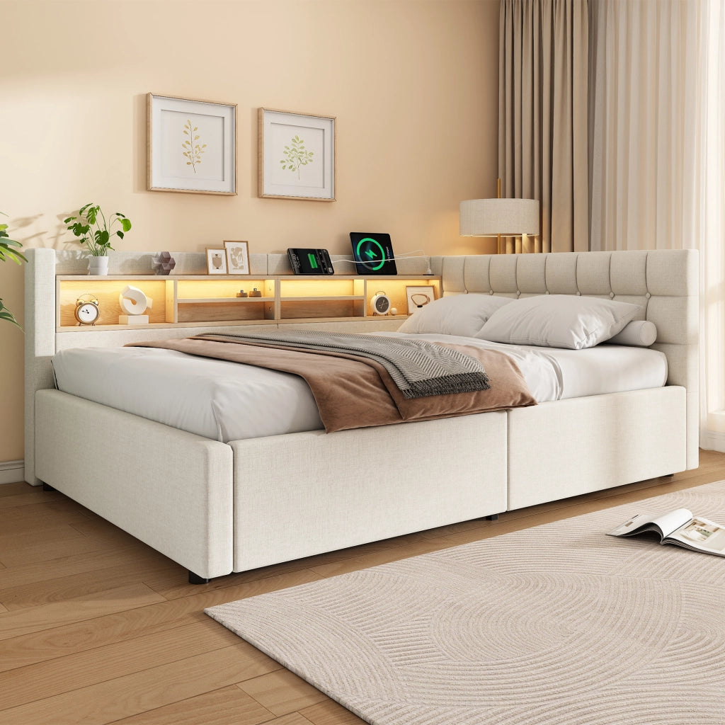 Letto matrimoniale contenitore 140x200 cm con sollevamento idraulico; LED; testiera con ripiano e USB; beige