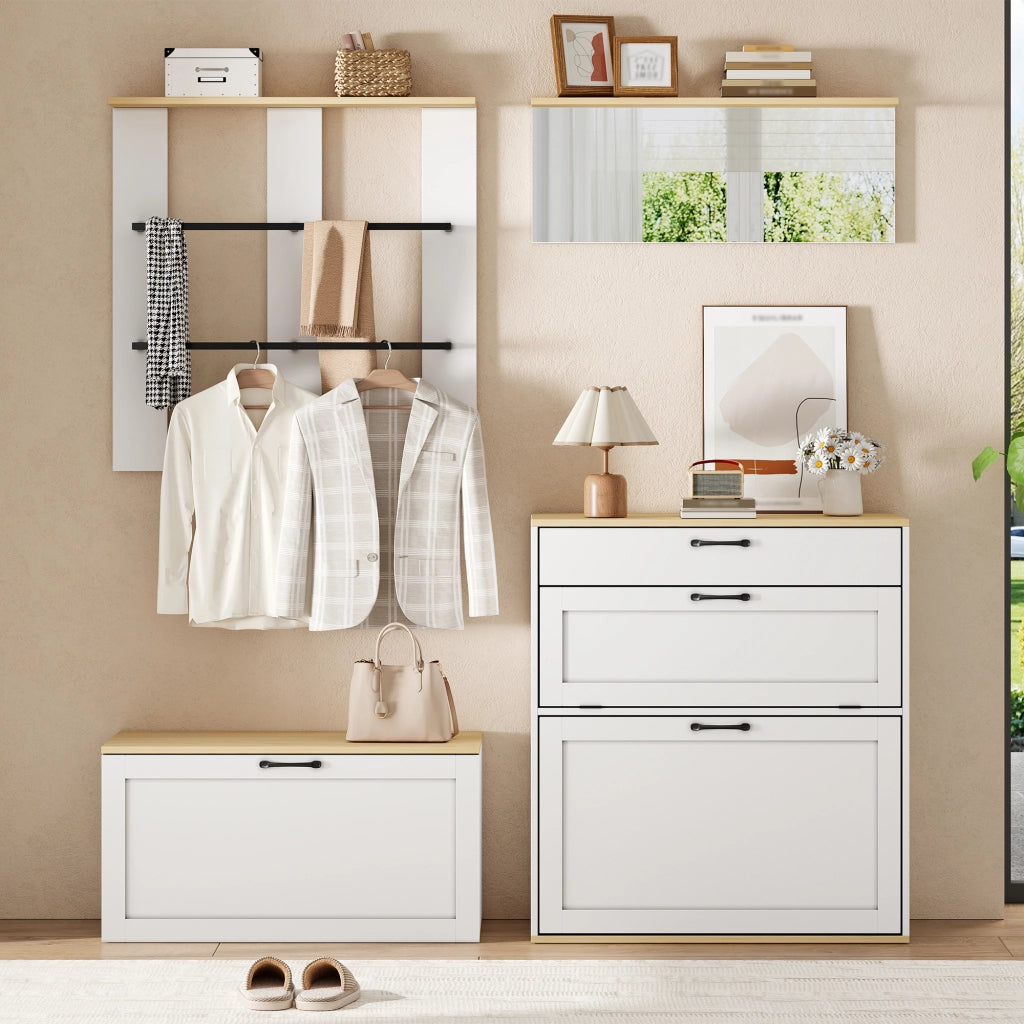 Mobili da ingresso modulari con scarpiera a ribalta, cassetto, specchio e appendiabiti per ingresso 156 × 36 × 176 cm