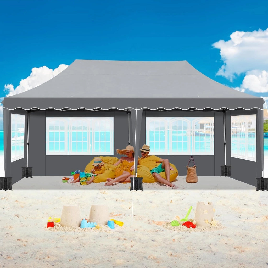 Gazebo 3x6 Pieghevole Impermeabile, altezza 290–300–310 cm, Protezione UV 50+, Tenda con 4 Pareti Laterali, 12 Ganci, 6 Corde e 6 Sacchi di Sabbia, Gazebo da Giardino per Campeggio, Matrimoni, Grigio
