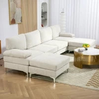 Divano Componibile 4 Pezzi con Poggiapiedi e Cuscini, in Tessuto effetto Ciniglia, 313x149x88 cm, Bianco Crema