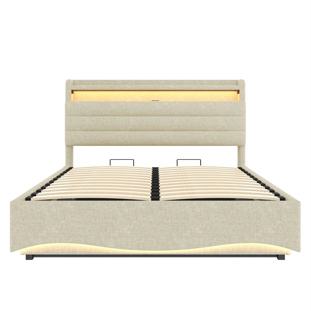 Letto Imbottito Contenitore con LED ¨C Xylo ¨C Tessuto Beige, Idraulico, USB, 140x200