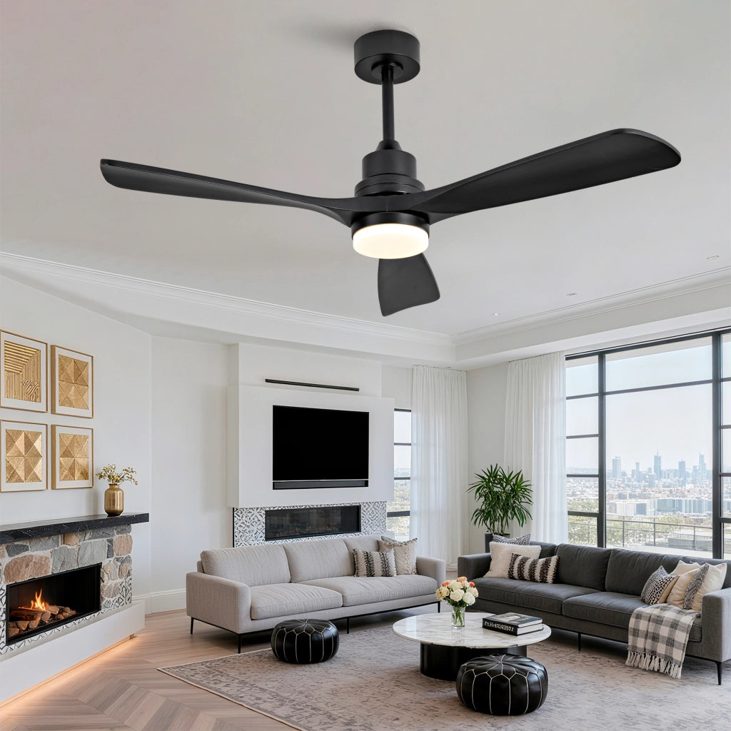 Ventilatore da soffitto in legno massello 52 pollici, 3 pale a spirale completamente nere, motore DC reversibile silenzioso, design moderno