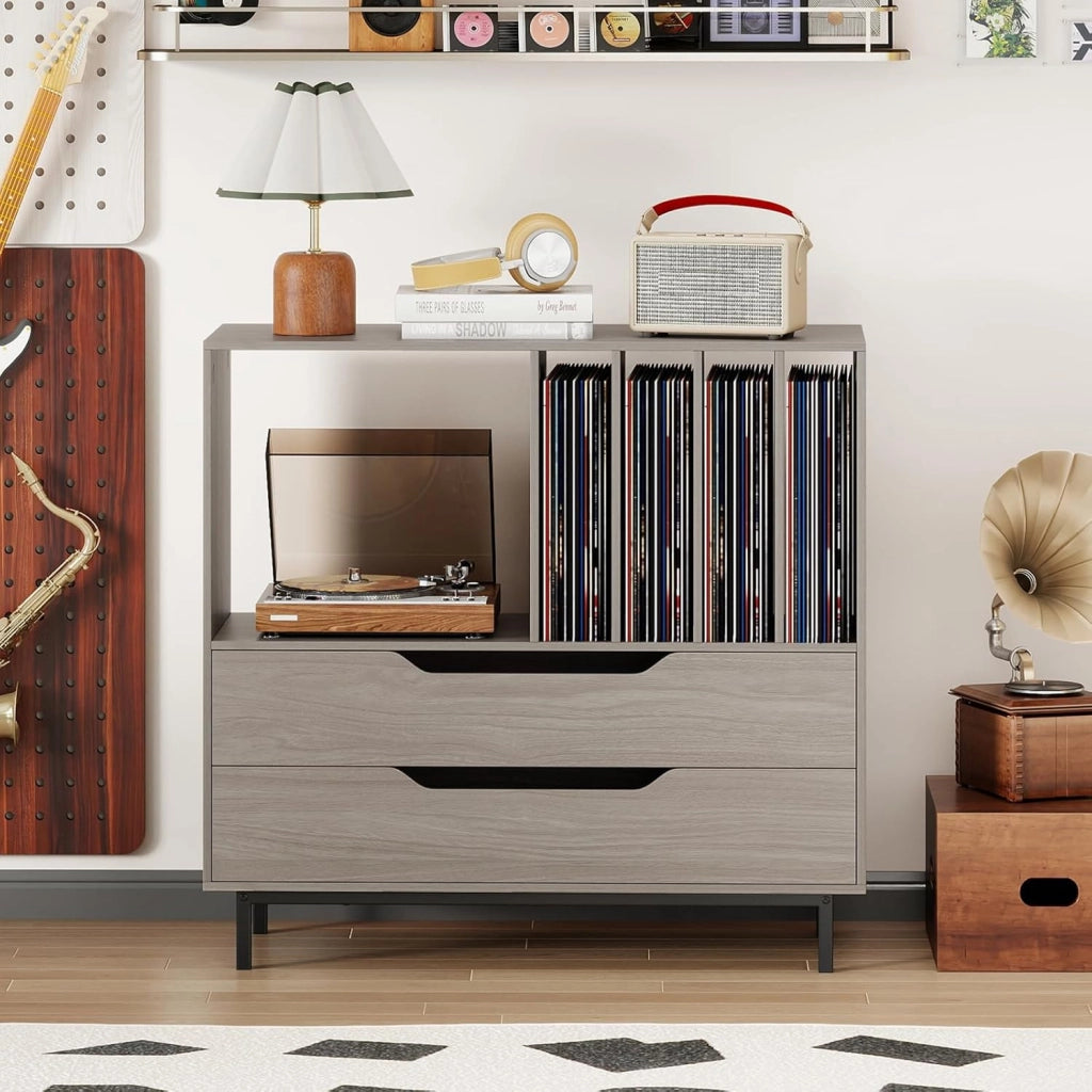 Supporto per Giradischi, Porta Dischi Vinile con 4 Ripiani per Vinili e 2 Cassetti, Armadio per Dischi Fino a 250 Album, per Soggiorno, Studio e Camera da Letto, 91 x 35 x 87 cm (Grigio)