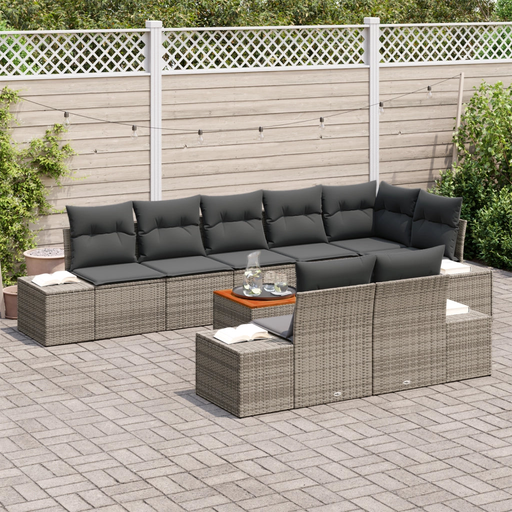 Set Divano da Giardino da 9 Pezzi con Cuscini Grigio Polyrattan Acacia