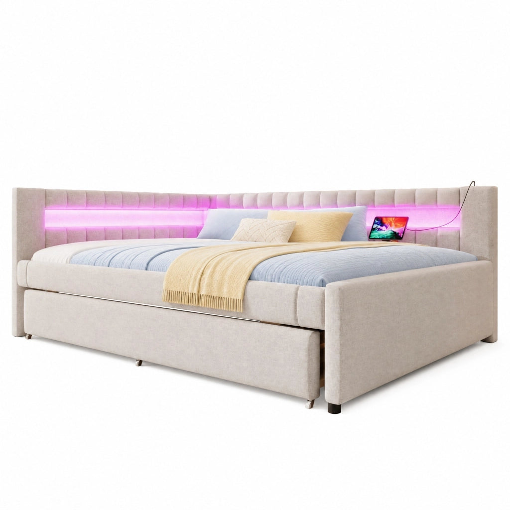 Letto estraibile 140 × 200 cm in lino beige con LED USB e Type-C senza materasso
