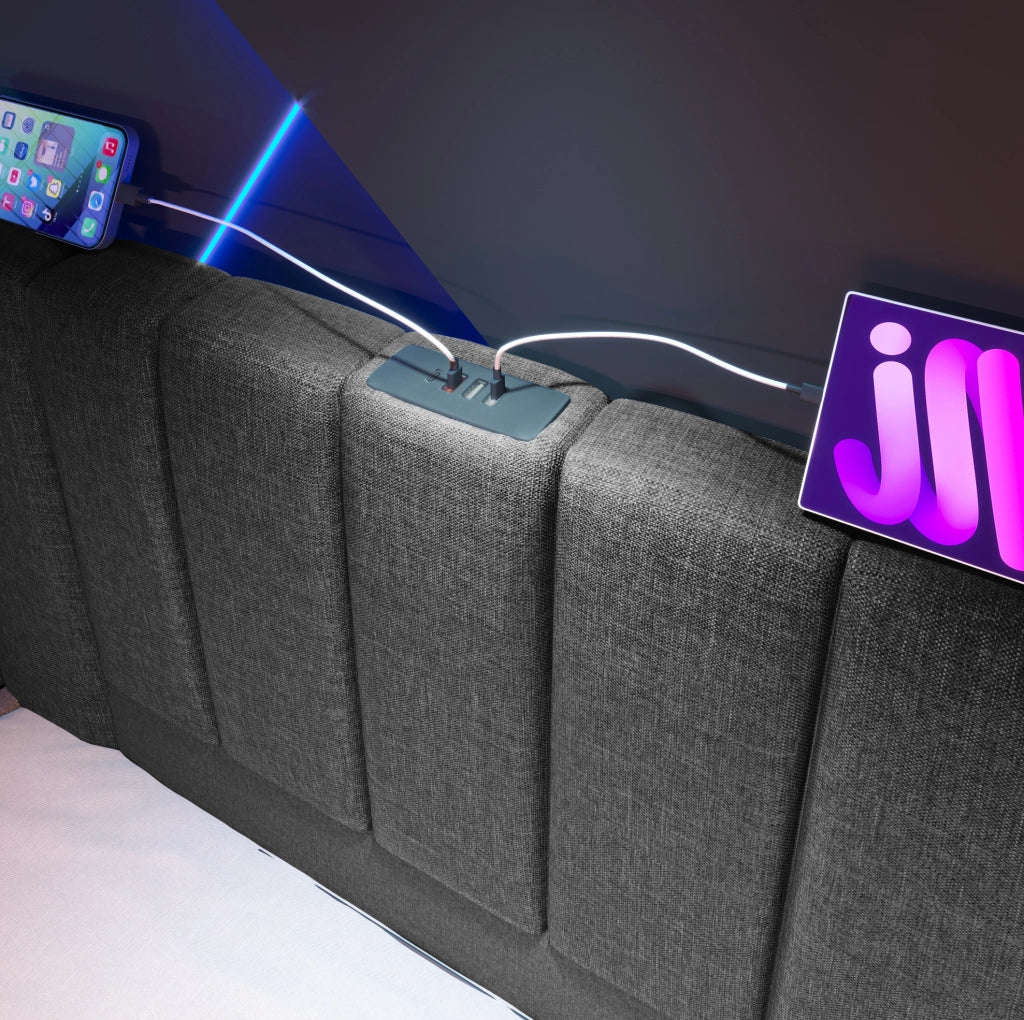 Letto matrimoniale 160x200 cm con contenitore; LED 360掳; ricarica USB e Type-C; grigio in lino