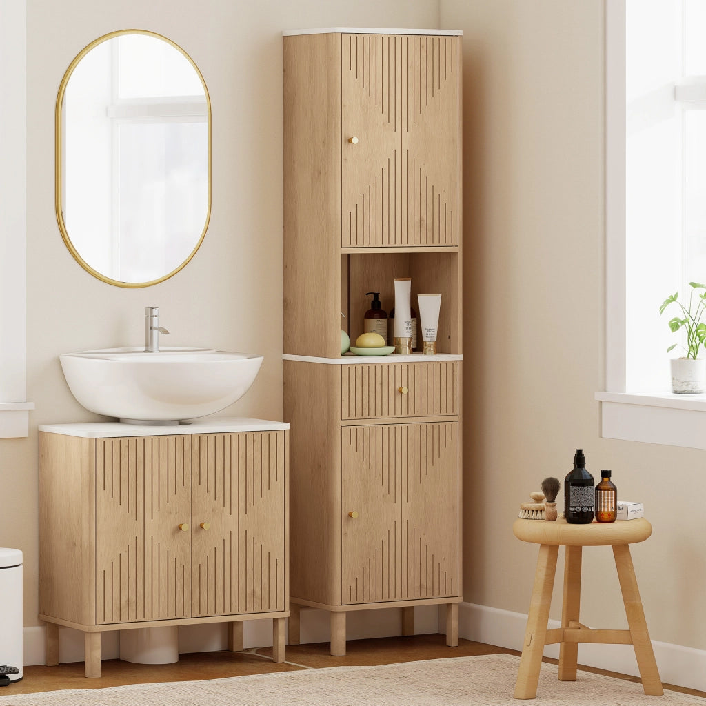Colonna Bagno con Cassetto, Ante e Ripiani Regolabili ¨C Zephmum ¨C Effetto Marmo, Rovere, 41.5x30x168 cm