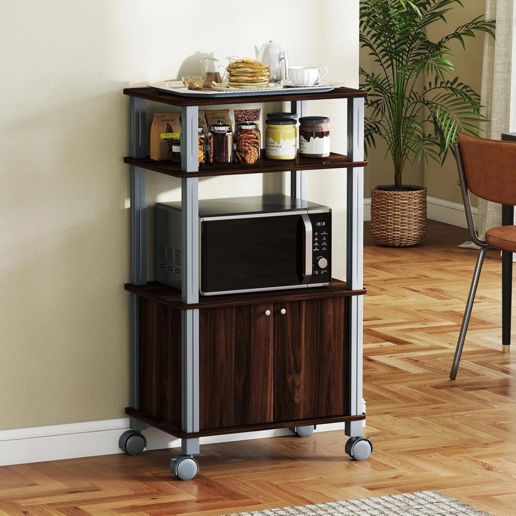 Scaffale da Cucina per Microonde Carrello da Cucina, con Ruote e 2 Ante, Multifunzionale e Movimento Flessibile, 60x40x98 cm (Caffè)