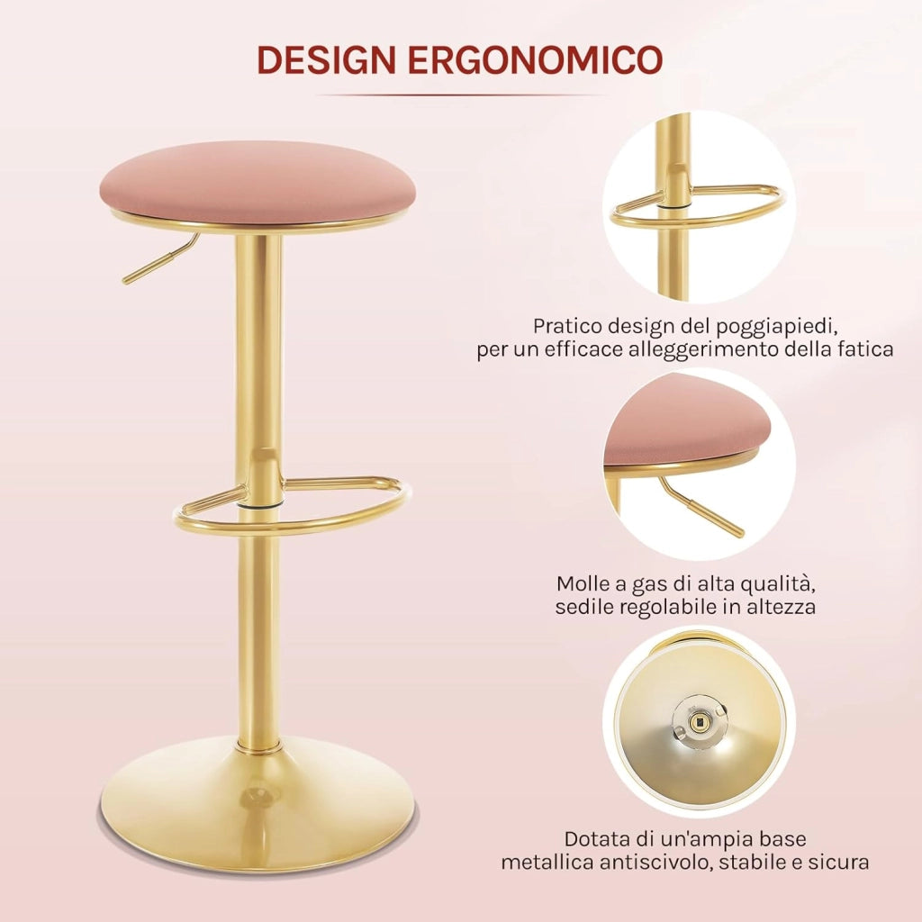Sgabelli da Cucina Set di 4 Girevoli a 360°, Sgabelli da Bar Regolabili in Altezza da 60 a 80,5 cm, Sgabelli Alti con Seduta in Velluto per Sala da Pranzo, Soggiorno, Bar, Rosa, BH302rs-4
