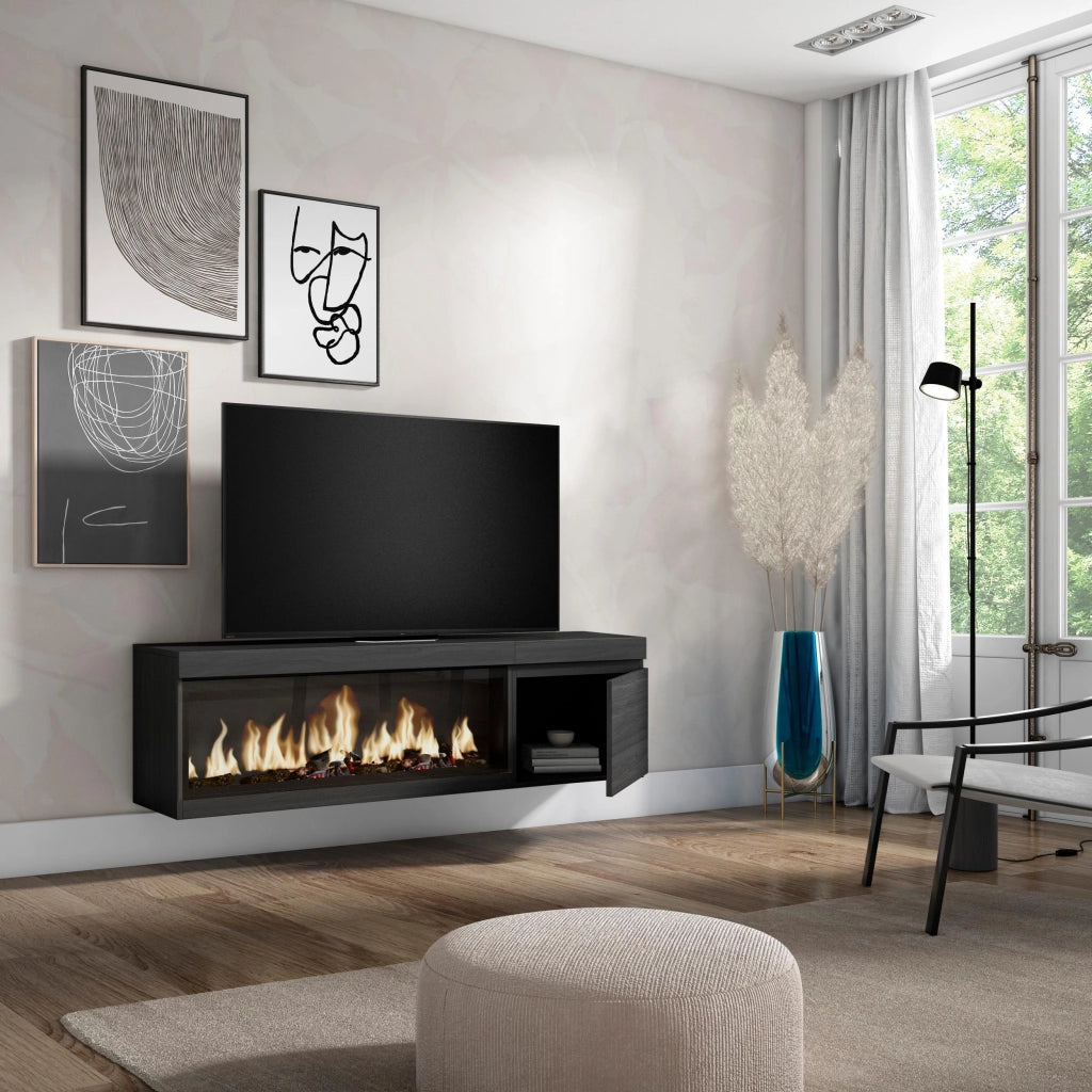 Mobile TV Soggiorno, 158x35x45cm, Per TV fino a 65", Camino elettrico XXL, da appendere, Nero RF3247