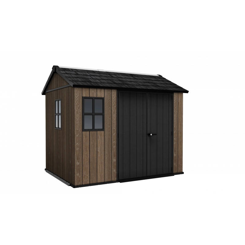 Casetta da giardino in resina effetto legno EVOTECH+ 287x230 cm - pavimento e doppia porta - carico neve 150 kg/m² – Apex 759/975 Signature Walnut - Keter