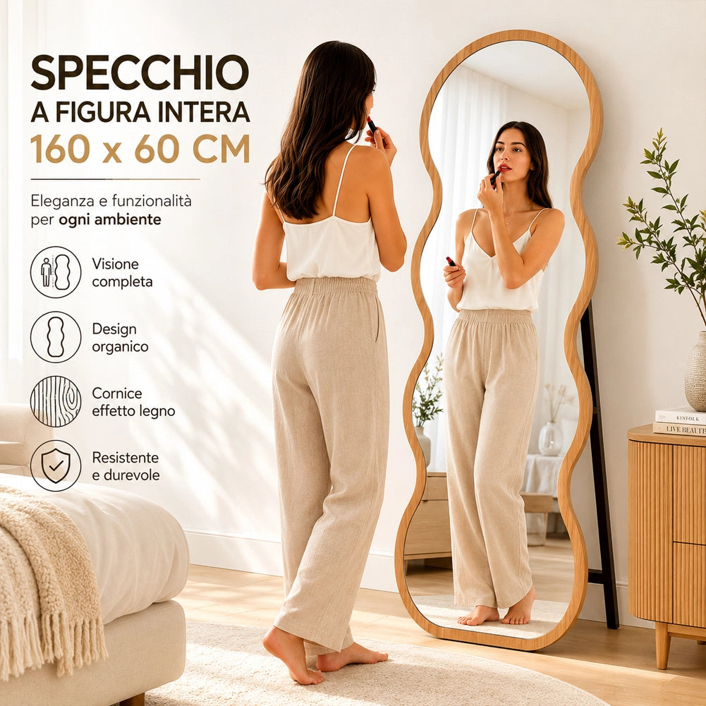Specchio Ondulato Quercia Autoportante Struttura in Legno Design Moderno 160x60cm