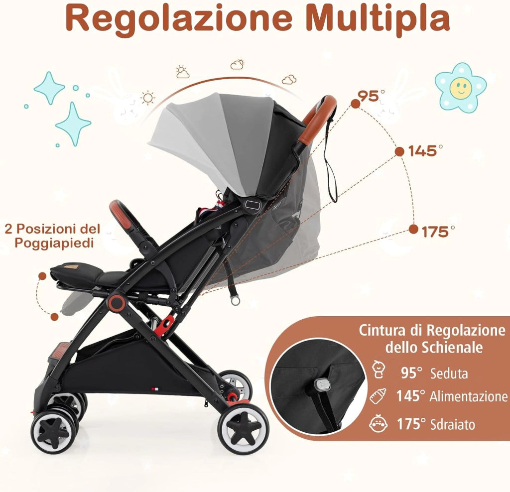 Passeggino Leggero per Bambini, con Schienale e Poggiapiedi Regolabili, Cappottina e Zanzariera, Compatto e Pieghevole, per Bambini 0-3 Anni, fino a 15 kg (Nero)