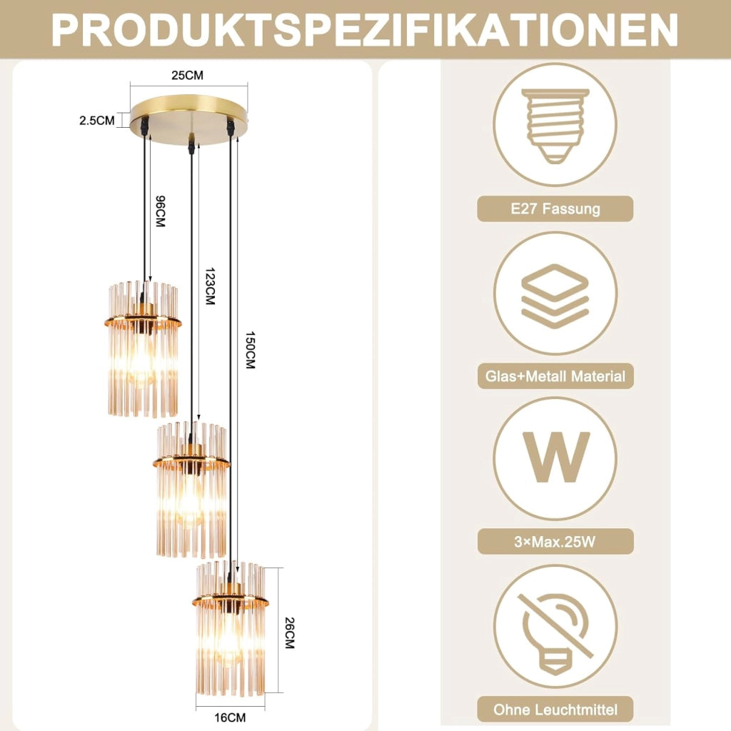 Lampada a sospensione ZMH vintage a 3 fiamme intorno vetro dorato E27 (senza lampadina)