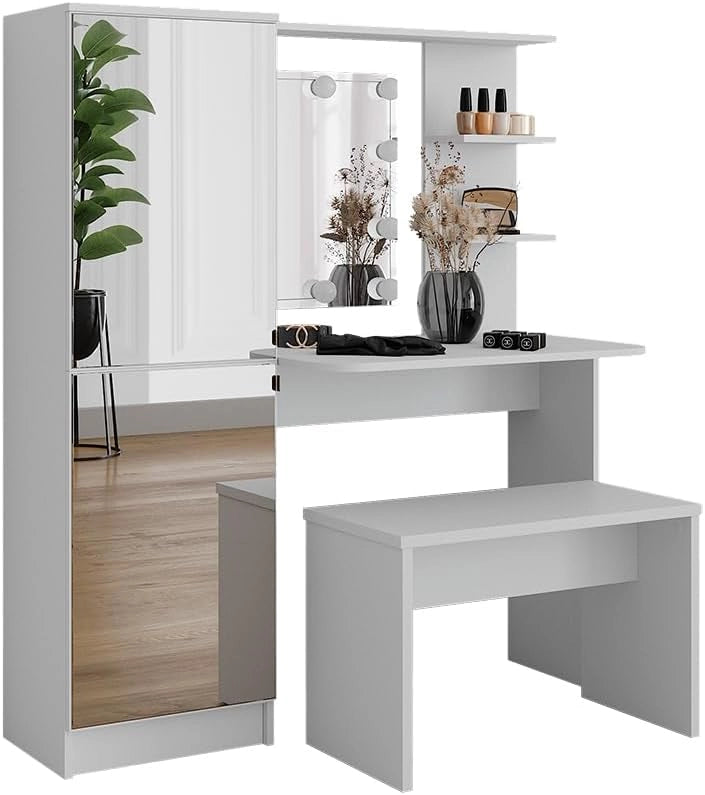 Vicco Tavolo da toilette Jasmin, Bianco, 123 cm con illuminazione a LED e panca