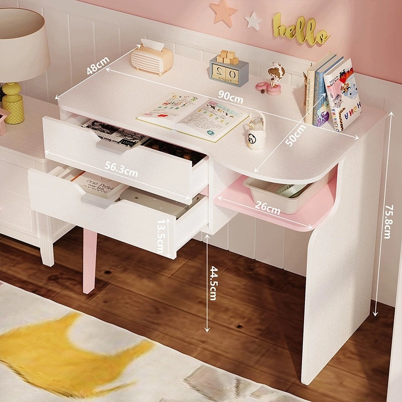 Moderna scrivania per bambini da 90 cm, bianca e rosa, con 2 cassetti e un ripiano