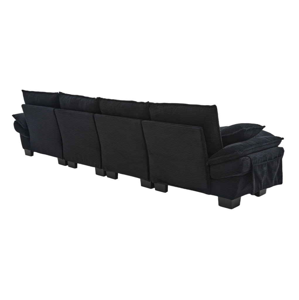 Divano modulare 4 posti con 2 pouf; USB-C; in corduroy nero; 330x132x84 cm