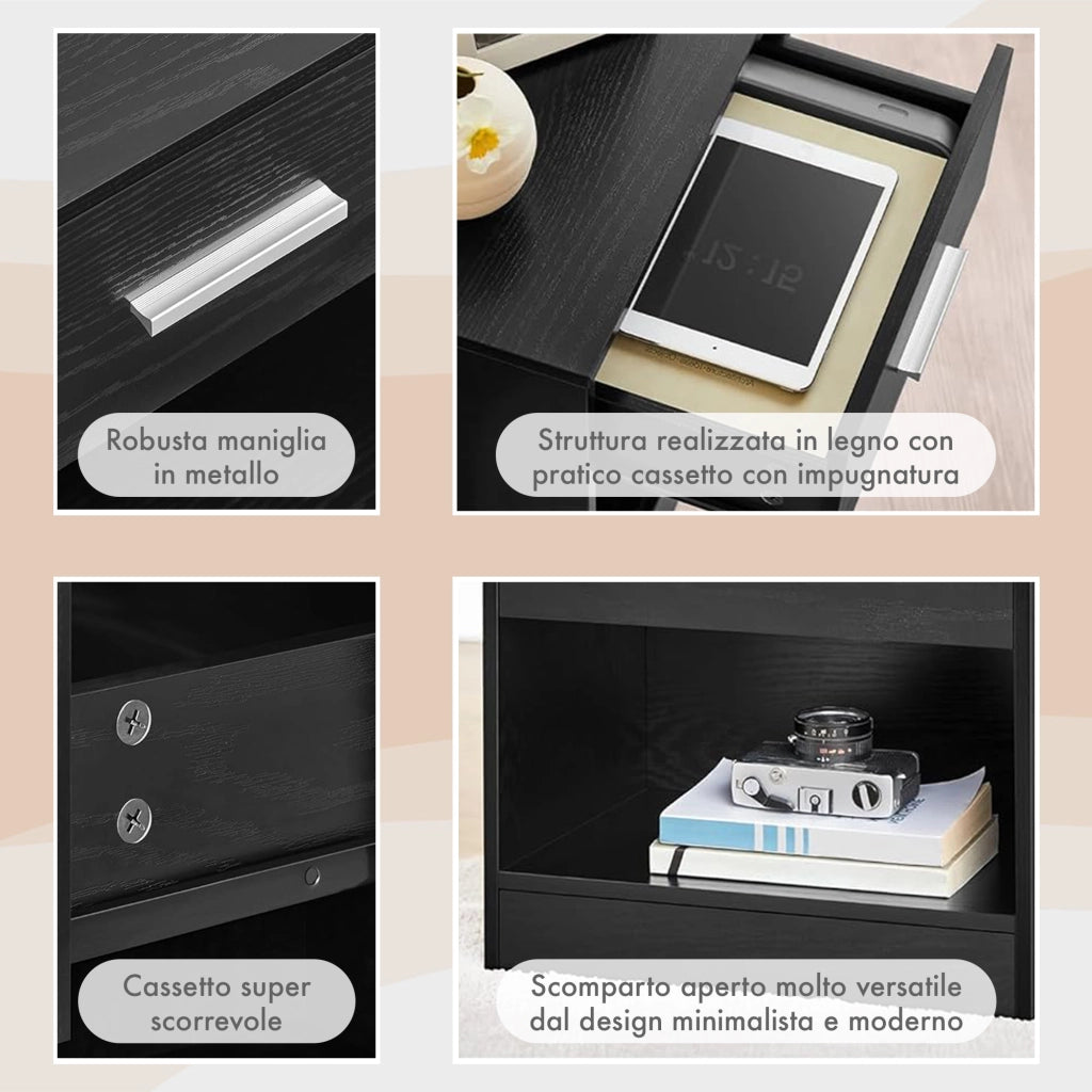 Comodino Moderno Cassetto Con Maniglia E Scomparto Aperto Camera Da Letto Portalibri Oggetti Mensola Libreria  - Nero