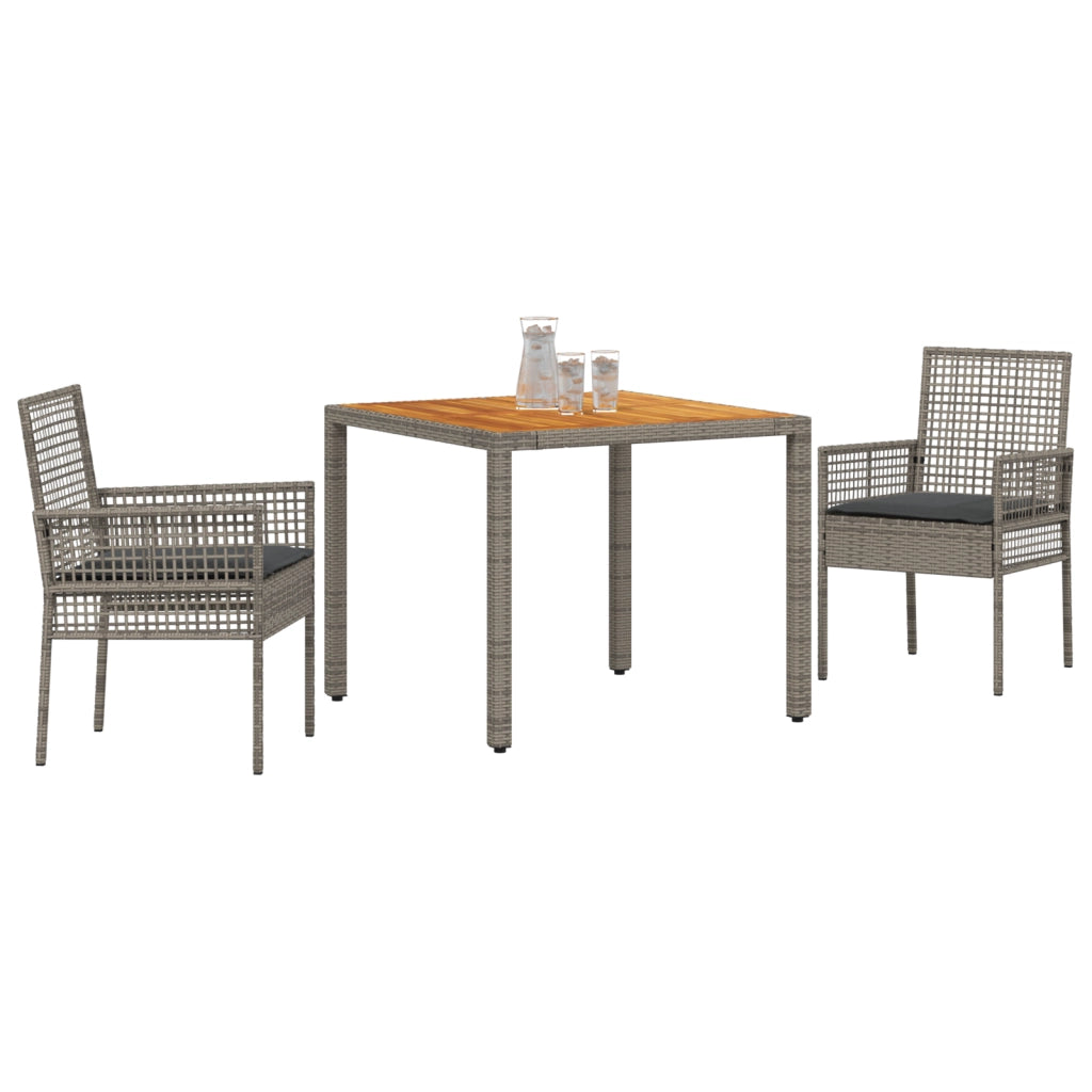 Set da Pranzo Giardino di 3 Pezzi con Cuscini Grigi in Polyrattan