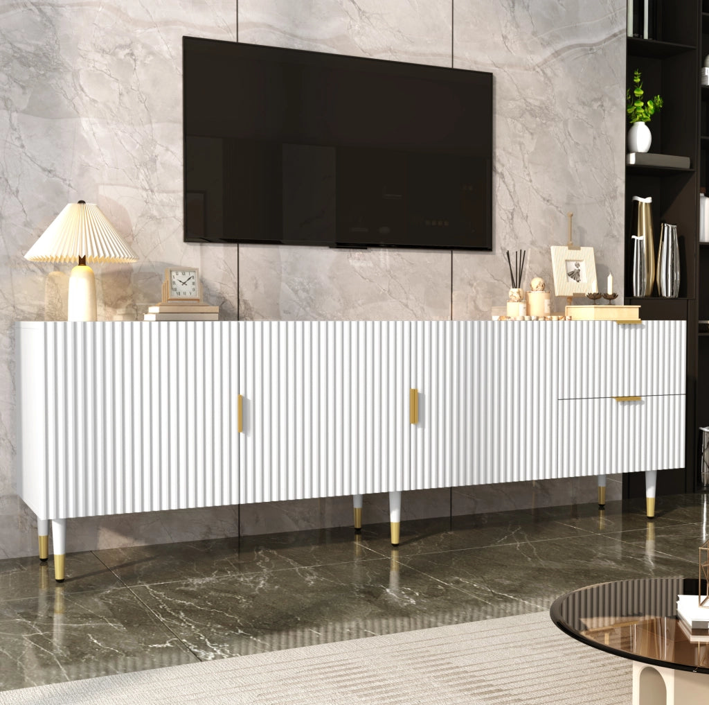 Mobile TV bianco 170 cm a 3 ante con cassetti, piedini regolabili e dettagli oro