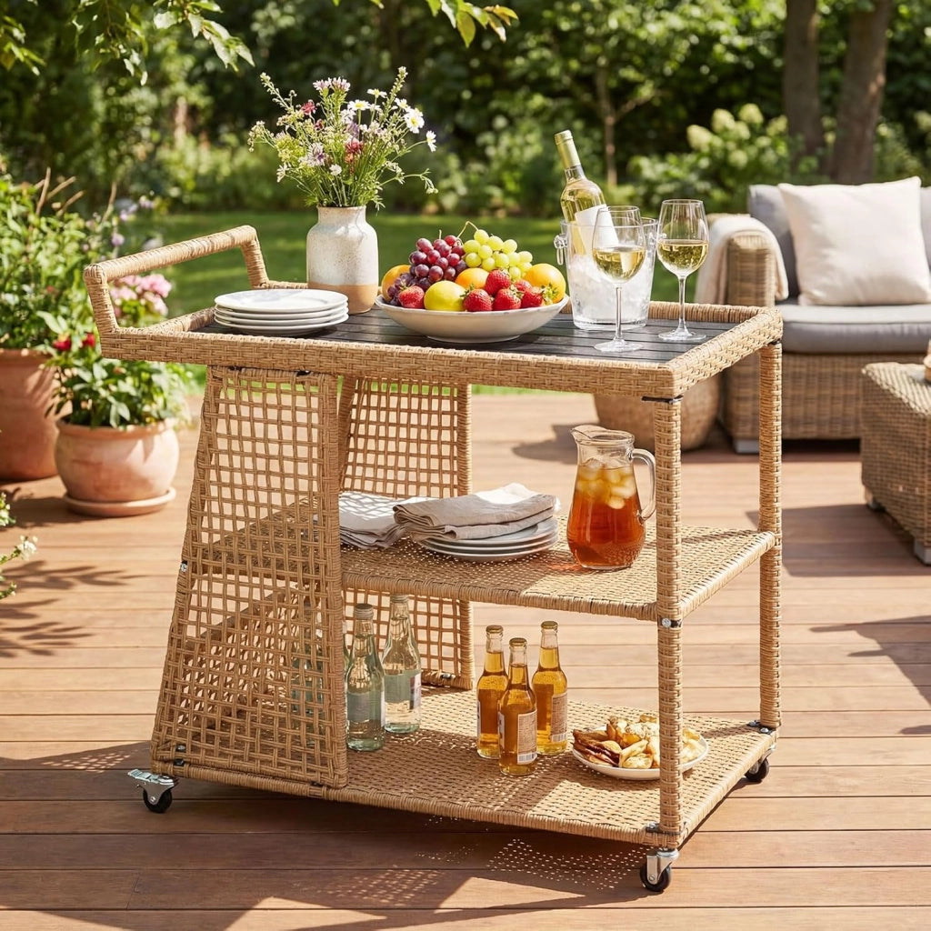 Carrello Bar da Esterno, Carrello Portavivande in Rattan con 4 Ruote, 3 Ripiani Aperto e Maniglia Laterale, Carrellino da Servizio per Cucina, Giardino e Bordo Piscina, 98 x 54 x 92 cm