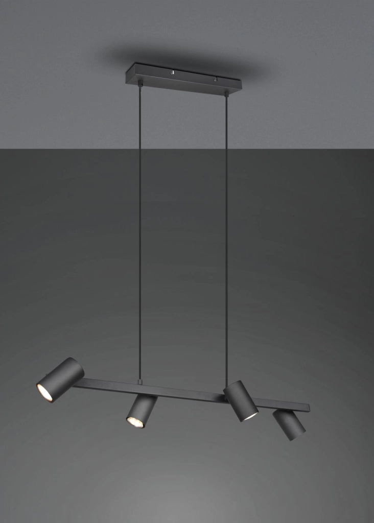 MARLEY SOSPENSIONE RETTANGOLARE NERO OPACO CON BARRA 4 CILINDRI L. 80CM 4 LUCI ATTACCO GU10