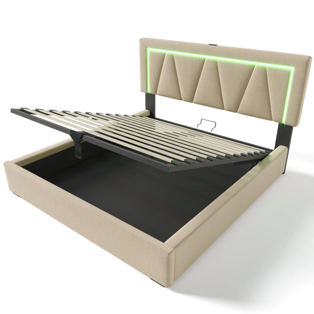 Letti contenitori 160x200 cm con LED e USB; lino beige; contenitore (Senza materasso)