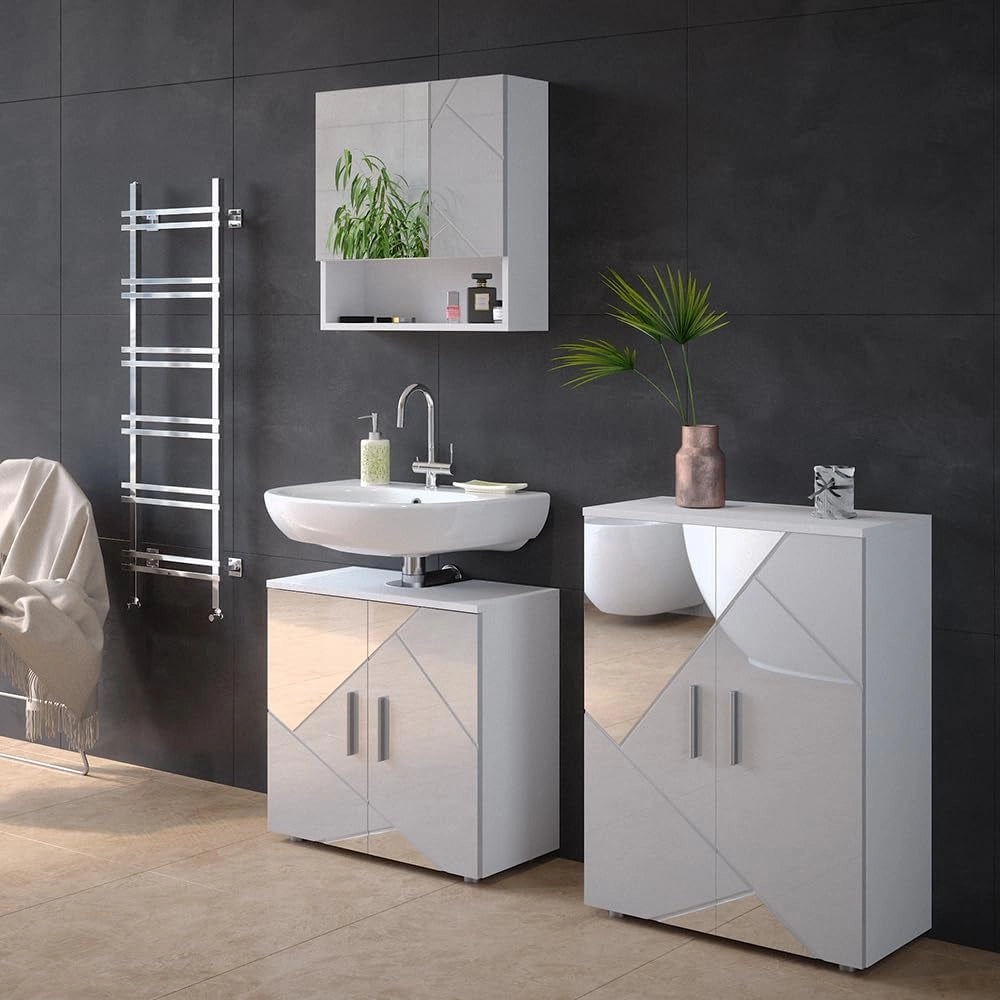 Mobiletto bagno Irma, Bianco lucido con inserti, 60 x 81 cm, per la conservazione in bagno e abbinabile alla serie Irma