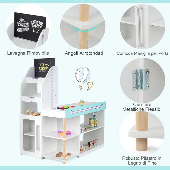 Set da Supermercato in Legno per Bambini, Gioco di Finta Spesa con Registratore di Cassa, Carrello della Spesa, Lavagna, Nastro Trasportatore, Mercato Interattivo con Contenitore e Luci LED