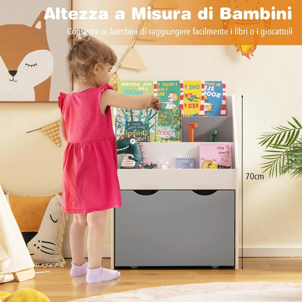 Libreria Montessoriana per Bambini, Scaffale per Libri a 3 Livelli con Cassetto Inferiore e 4 Ruote, per Cameretta, Stanza dei Giochi e Asilo, 50 x 28 x 70 cm, Grigio e Bianco