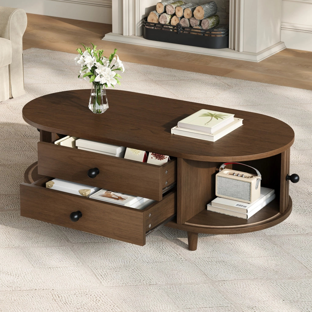 Tavolino da salotto in MDF colore noce con ante avvolgibili, 2 cassetti e gambe in legno massello 100x50x36 cm