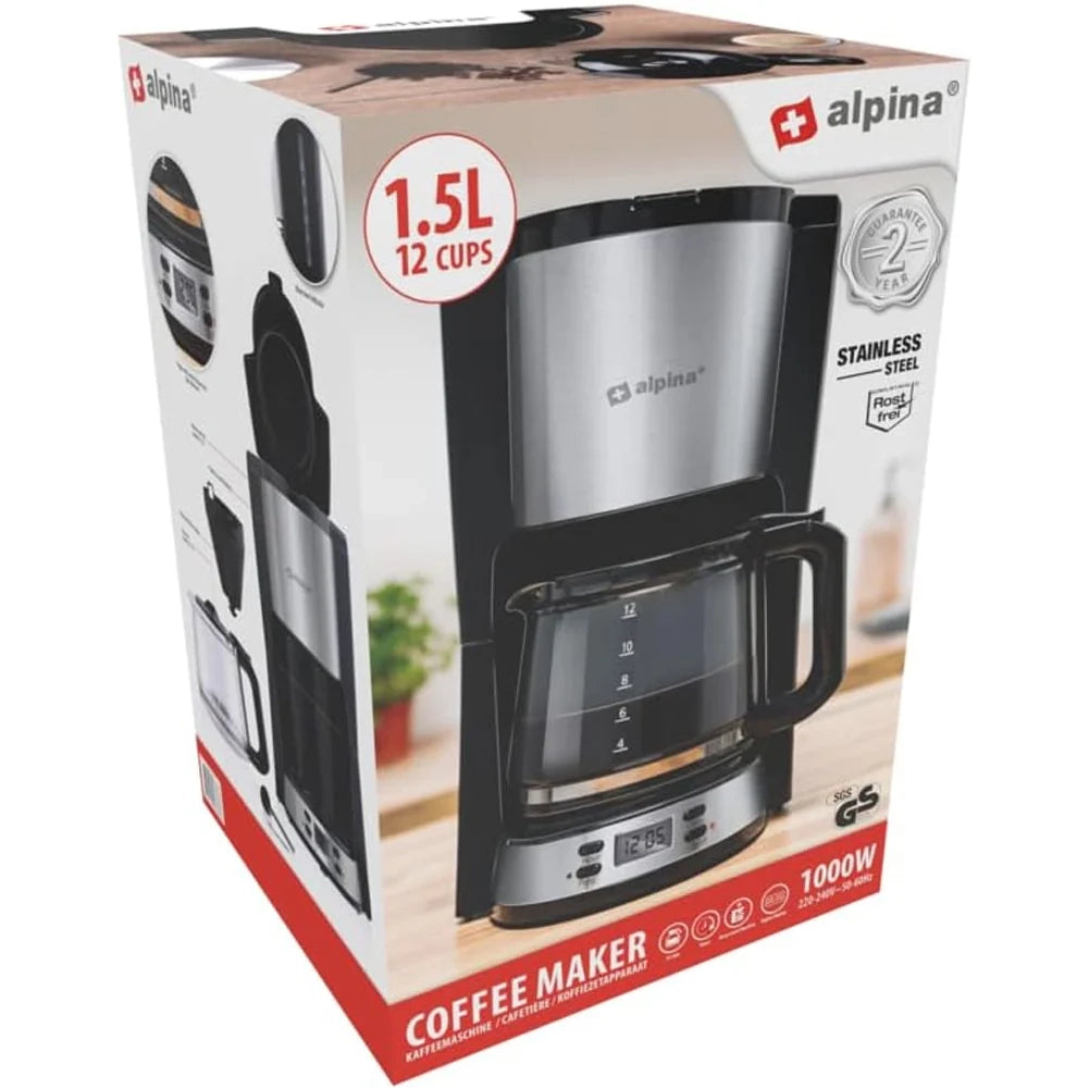 Macchina da Caffè con Filtro Caffettiera 1000W Caraffa 1,5 litri 12 Tazzine