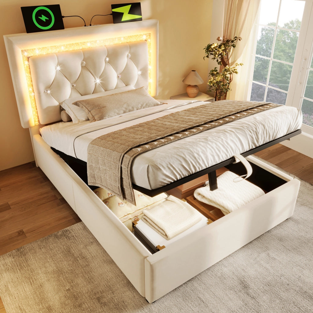 Letto singolo 90x200 cm in velluto beige con LED integrato; USB e Type-C; contenitore
