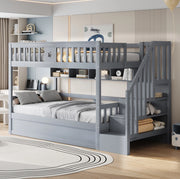 Letto a castello 90x200 cm in legno grigio con letto inferiore idraulico; ripiani e scala contenitore