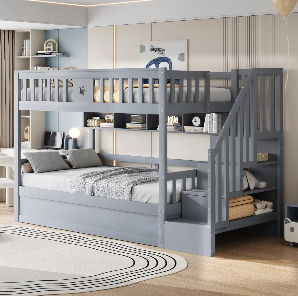 Letto a castello 90x200 cm in legno grigio con letto inferiore idraulico; ripiani e scala contenitore