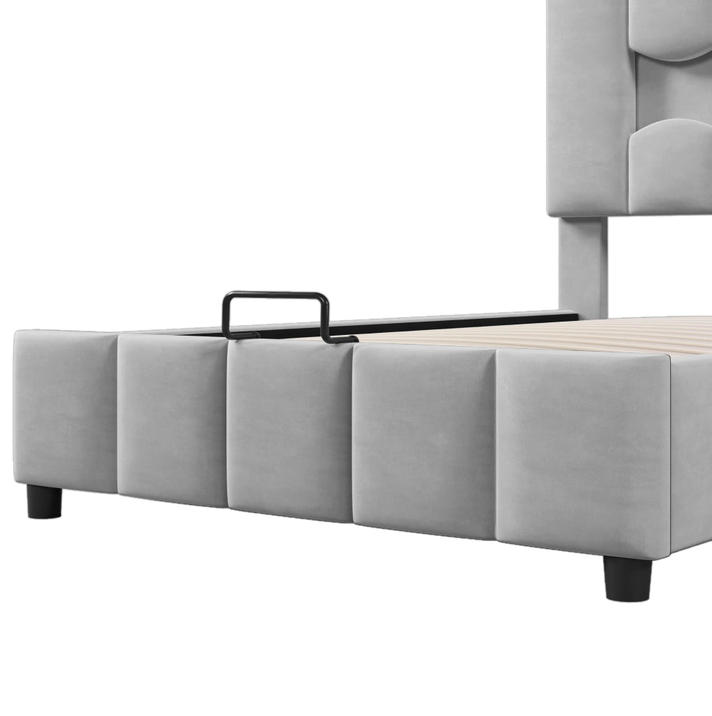 Letto imbottito 90 x 200 cm in velluto grigio con contenitore idraulico e luci LED