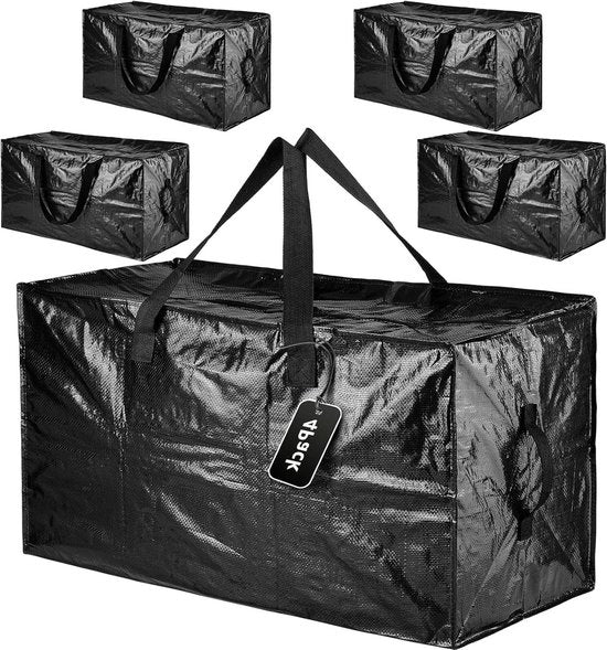 Cassa di trasporto 110L - scatola di archiviazione impermeabile - pacchetto da 4 - grande - robusta - con coperchio - traslochi - asciugamani - cerniere a zip - tasche di archiviazione - abbigliamento - coperte - nera