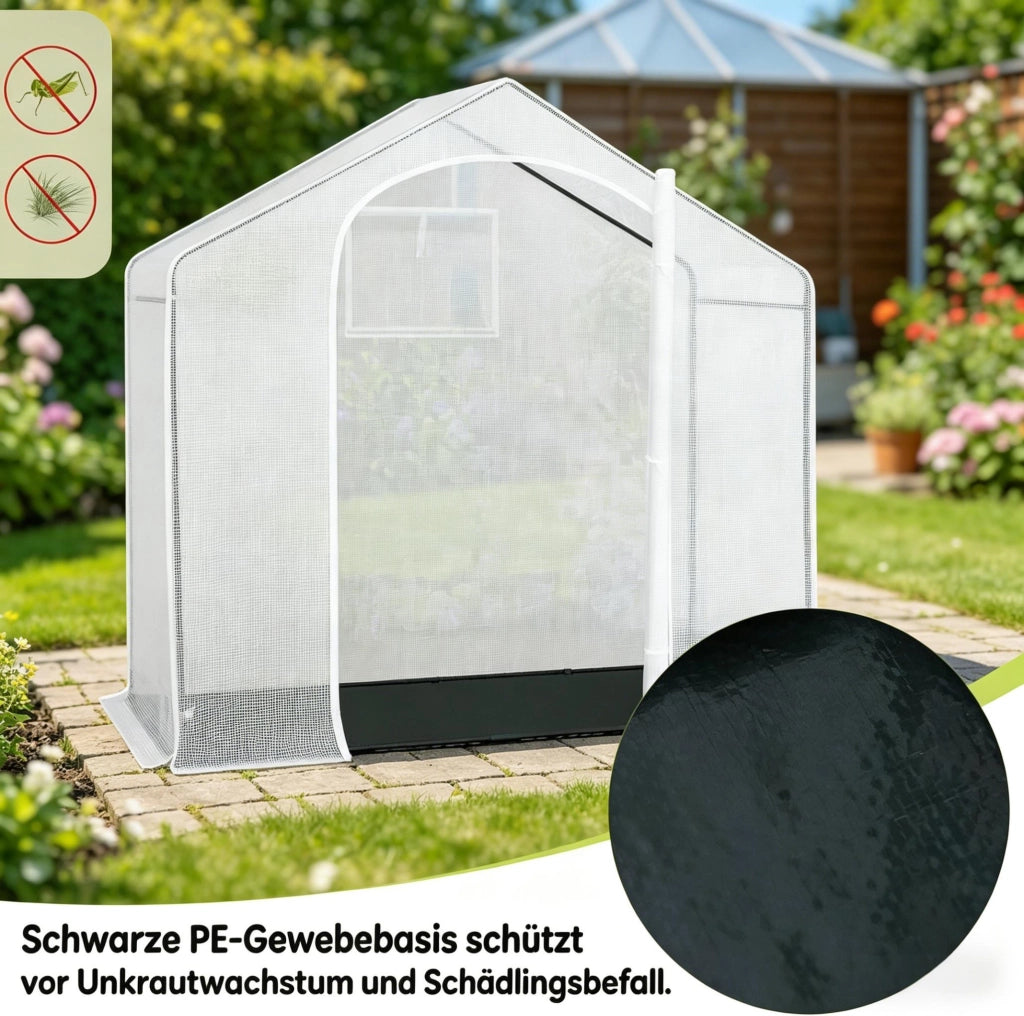 Serra a tunnel in rete PE 140 g/m² con porta avvolgibile e struttura in acciaio bianco 200 × 80 × 200 cm
