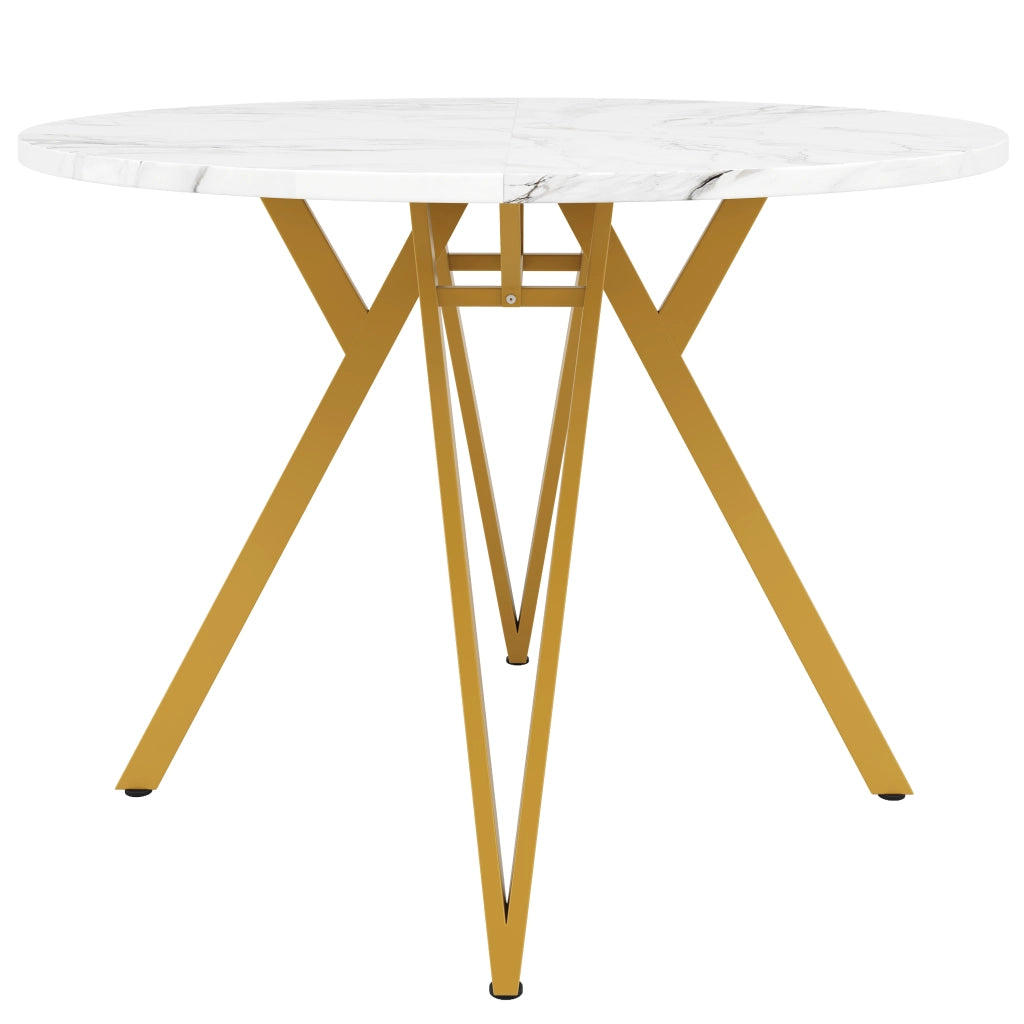 Tavolo da pranzo rotondo con piano in MDF effetto marmo e base in metallo, per sala da pranzo, oro 100 × 100 × 76 cm